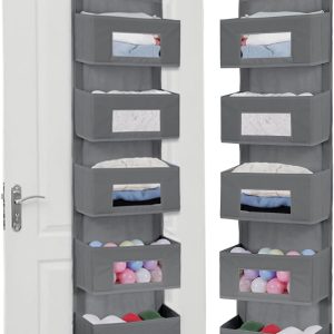 MAX Houser 5-Shelf Over The Door Hanging Organizer with 2 Metal Hooks, 5 Pocket Over The Door Wall Mount Storage with Clear Windows for Baby Nursery Bathroom Closet,Bedroom,Dorm,Diapers,Kids Toy(Gray)