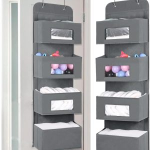 MAX Houser 4-Shelf Over The Door Hanging Organizer with 2 Metal Hooks,4 Pocket Over The Door Wall Mount Storage with Clear Windows for Baby Nursery Bathroom Closet,Bedroom,Dorm,Diapers,Kids Toys(Gray)
