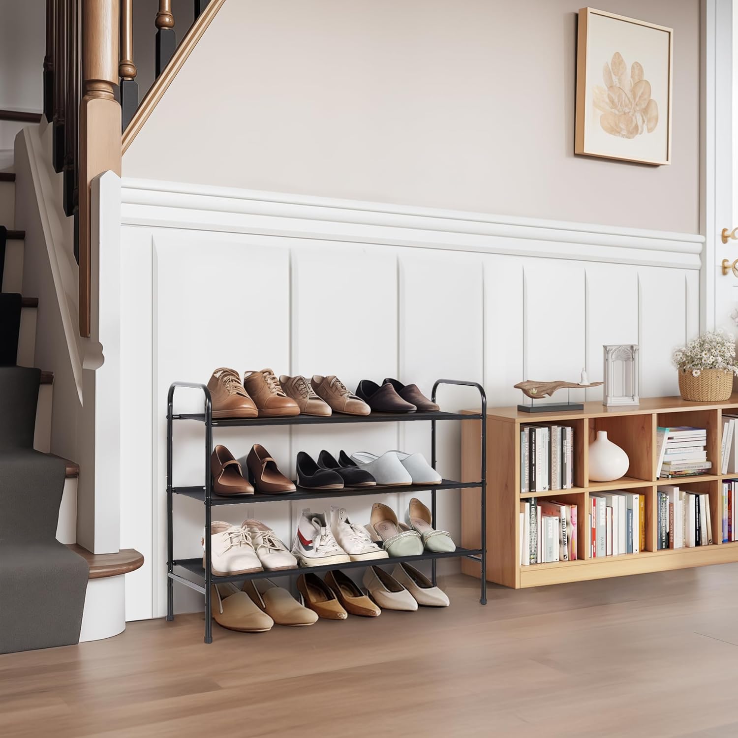 MAX Houser 3 Tier Free Standing Shoe Rack, Metal Shoe Storage Shelf for 9-12 Pairs, Easy to Assemble, Entryway, Bedroom, Black