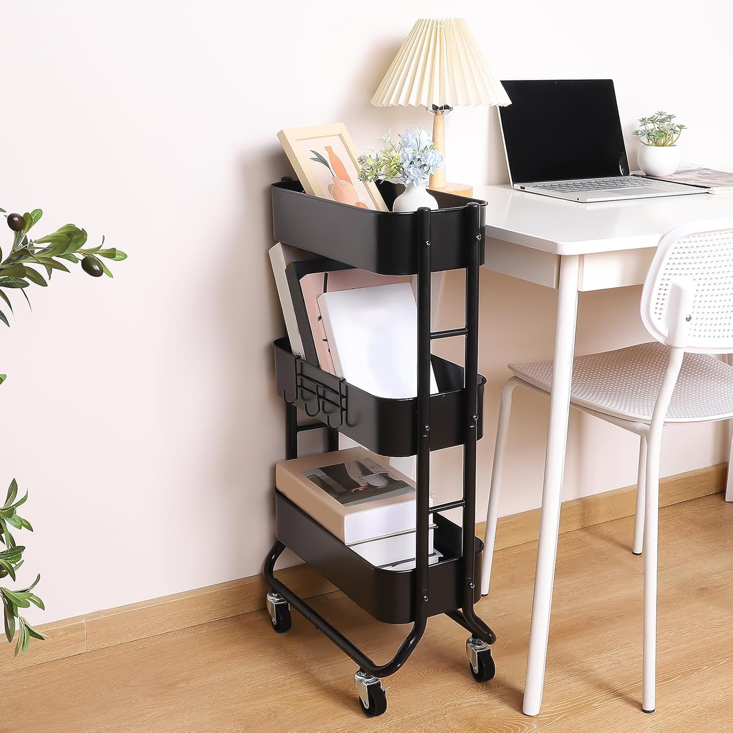 MAX Houser Slim 3-Tier Rolling Utility Cart, Narrow Metal Bathroom Storage Multifunctional Organizer Carts with Wheels with Extra Hook, Laundry Room,Kitchen,Small Space(Black) - Image 3