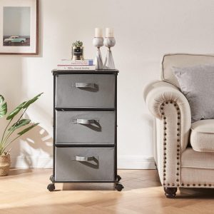 Click to see full view      4+  10 VIDEOS MAX Houser Dresser Tower with 3 Drawers for Bedroom, Fabric Storage Organizer Unit, Chest of Drawers with with WoodTop, Small Vertical Storage for Guest Room, Closet, Entryway, Nursery (Grey)