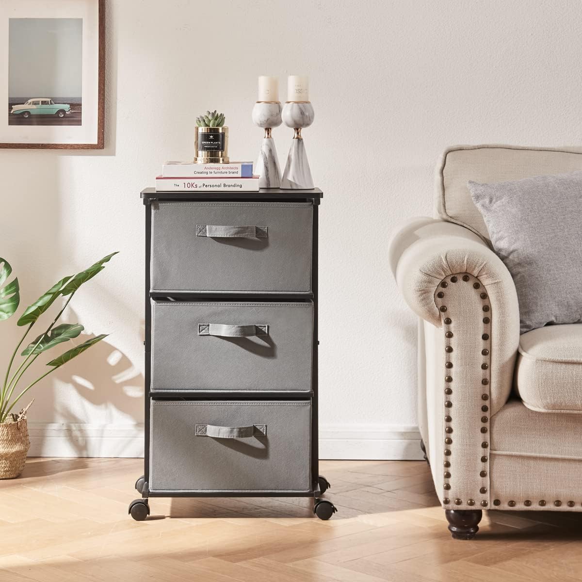 Click to see full view 4+ 10 VIDEOS MAX Houser Dresser Tower with 3 Drawers for Bedroom, Fabric Storage Organizer Unit, Chest of Drawers with with WoodTop, Small Vertical Storage for Guest Room, Closet, Entryway, Nursery (Grey)