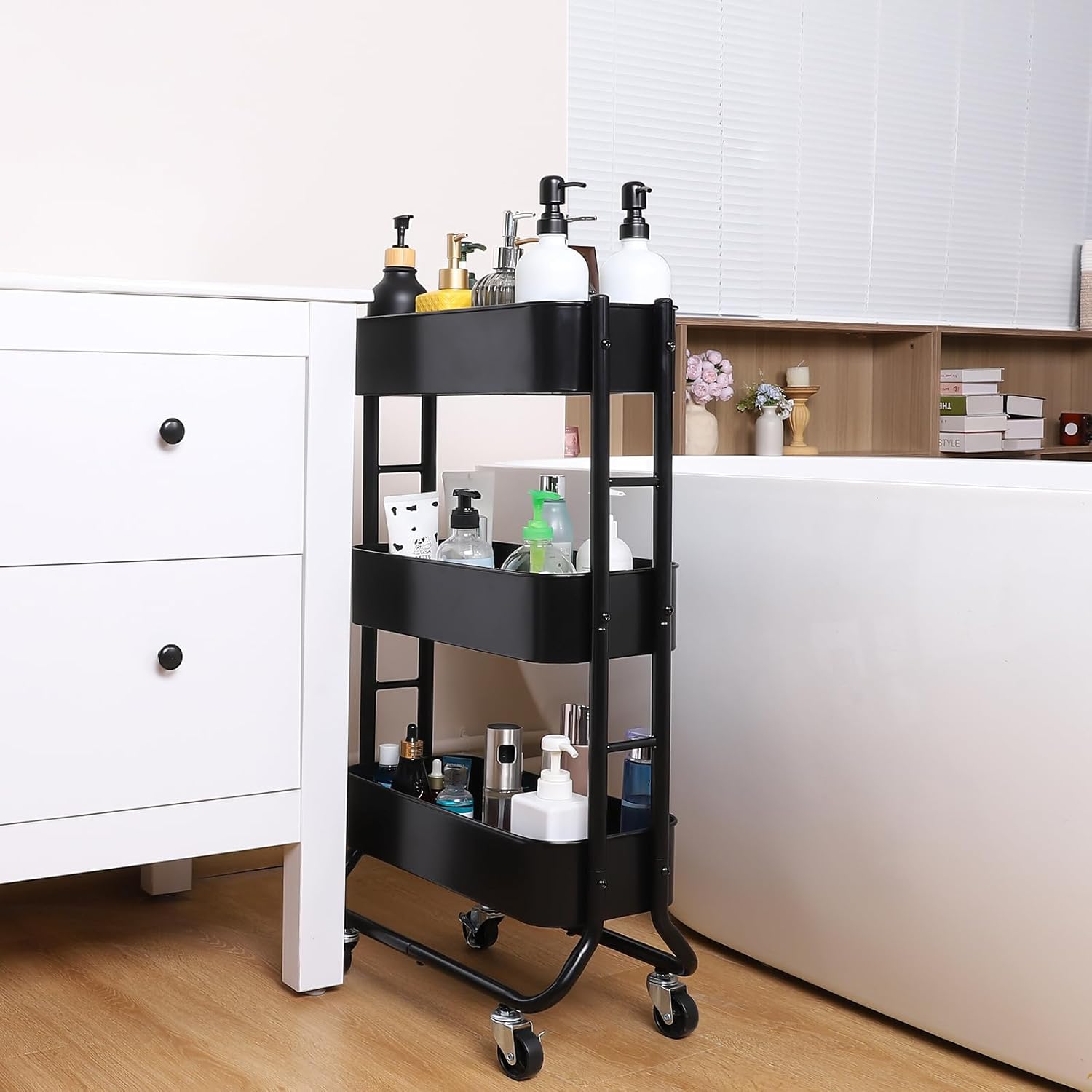 MAX Houser Slim 3-Tier Rolling Utility Cart, Narrow Metal Bathroom Storage Multifunctional Organizer Carts with Wheels with Extra Hook, Laundry Room,Kitchen,Small Space(Black) - Image 2
