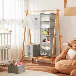 MAX Houser 6 Tier Shelf Hanging Closet Organizer, Closet Hanging Shelf with 2 Sturdy Hooks for Storage, Foldable (Light Grey)