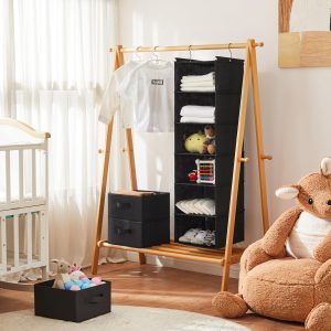 MAX Houser 6 Tier Shelf Hanging Closet Organizer, Closet Hanging Shelf with 2 Sturdy Hooks for Storage, Foldable (Black-D3)
