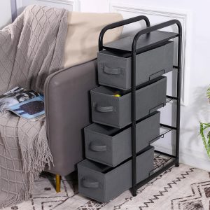 MAX Houser 4 Drawer Narrow Dresser Fabric Storage Tower Vertical Slim Storage Chest Organizer Nightstand Side/End Table Small Standing Organizer Removable Drawers Wood Top for Bedroom, Bathroom（Grey